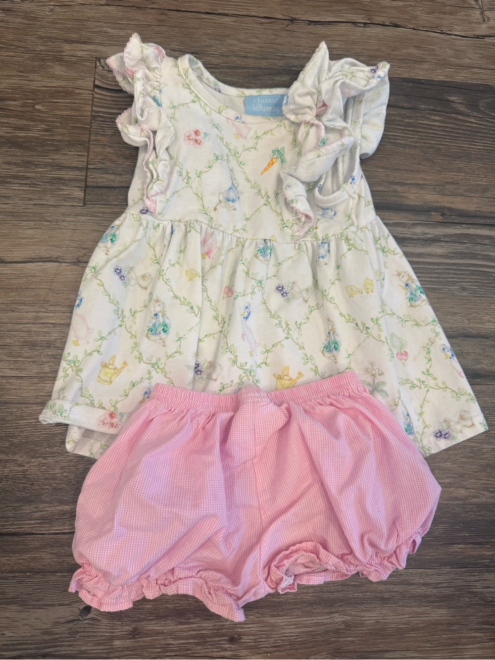 Classic Whimsy White Floral/ Spring Ruffle Top with Pink Gingham Bloomers